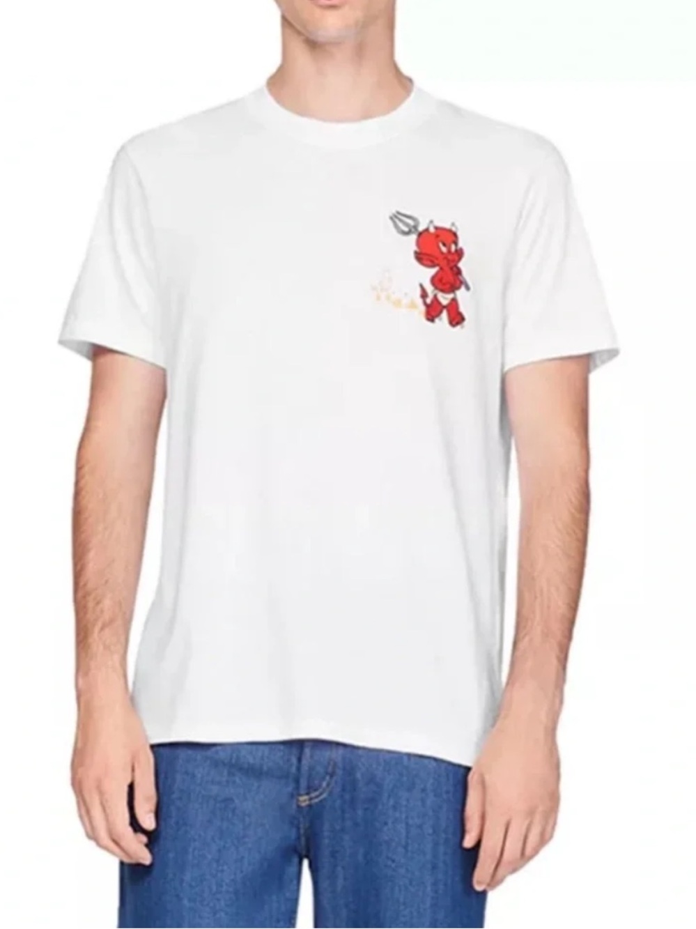 Sandro x Hot Stuff White Short Sleeve Tee with Red Devil Pocket Graphic